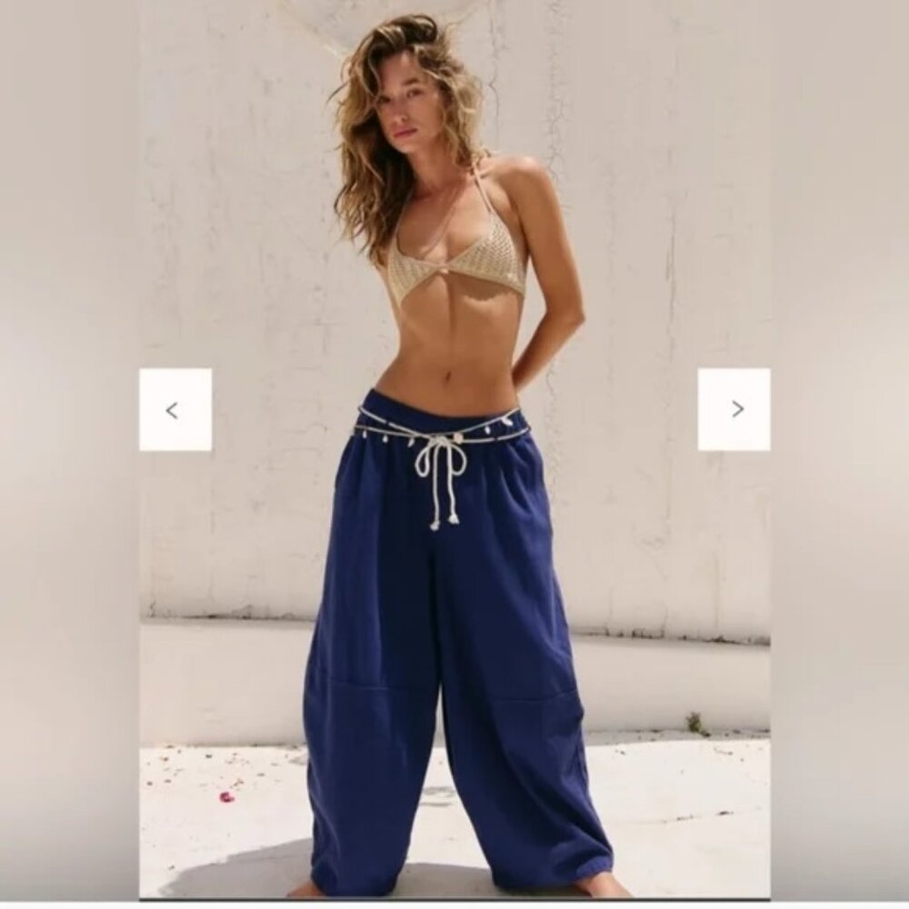 NWOT Free People Kayden Barrel Loose-Fit Navy Blue Pants With Drawstring Size XS